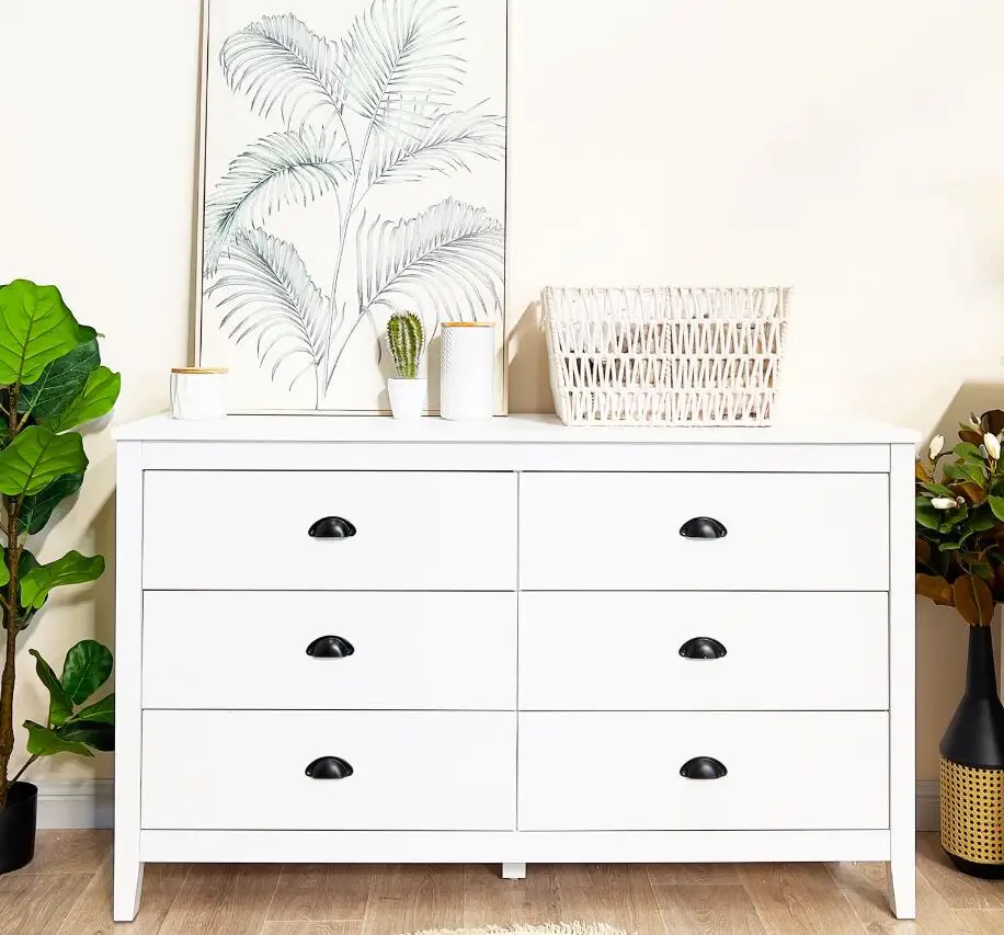 Wooden White Dresser Modern 6 Drawer Double Dresser Gold Pulls Wide Chest Of Drawers For Living Room