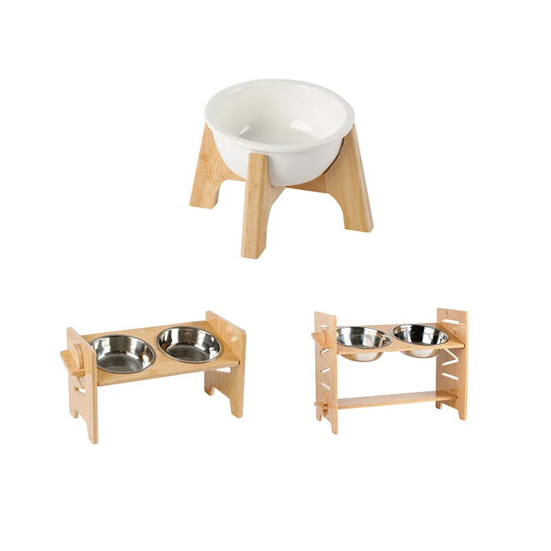 Wholesale 3 styles ceramic white cat dog bowl bamboo adjustable anti-slip feet single/double pet feeder cat dog bowl with holder