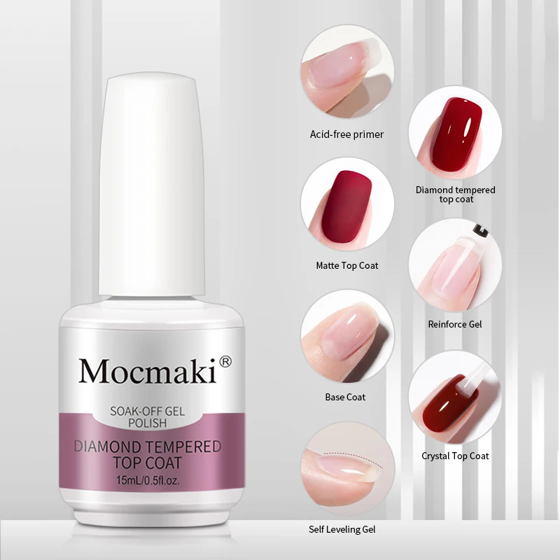 Mocmaki Factory OEM ODM Private Label Custom Clear Rubber Base Coat Diamond No Cleanse Matte Top Coat UV Gel Nail Polish