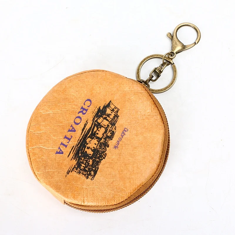 Factory custom mini  coin  purse round shape key bag  brown Tyvek  paper  storage bag waterproof   wallet