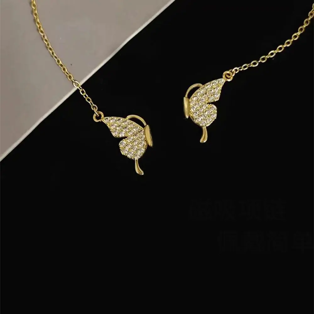 2023 New Elegant Real 18k Gold Plated Micro Insert  Full Zircon Stone Butterfly Pendant Magnetic Friend Necklace For Women