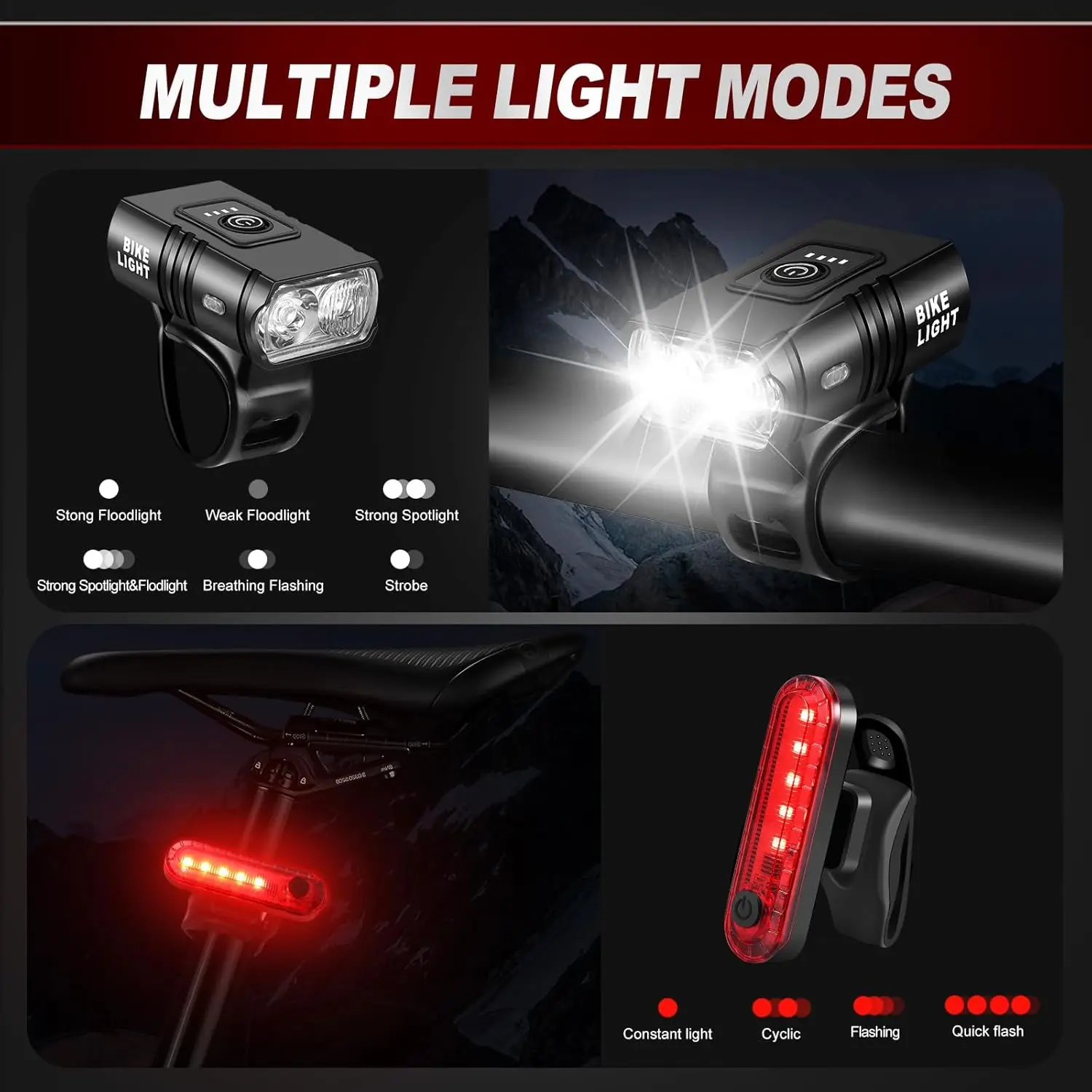 LED Bike Light Set Front And Tail Rear Light Upgrade Waterproof Cycle Lights USB Rechargeable Lamp Mountain Riding