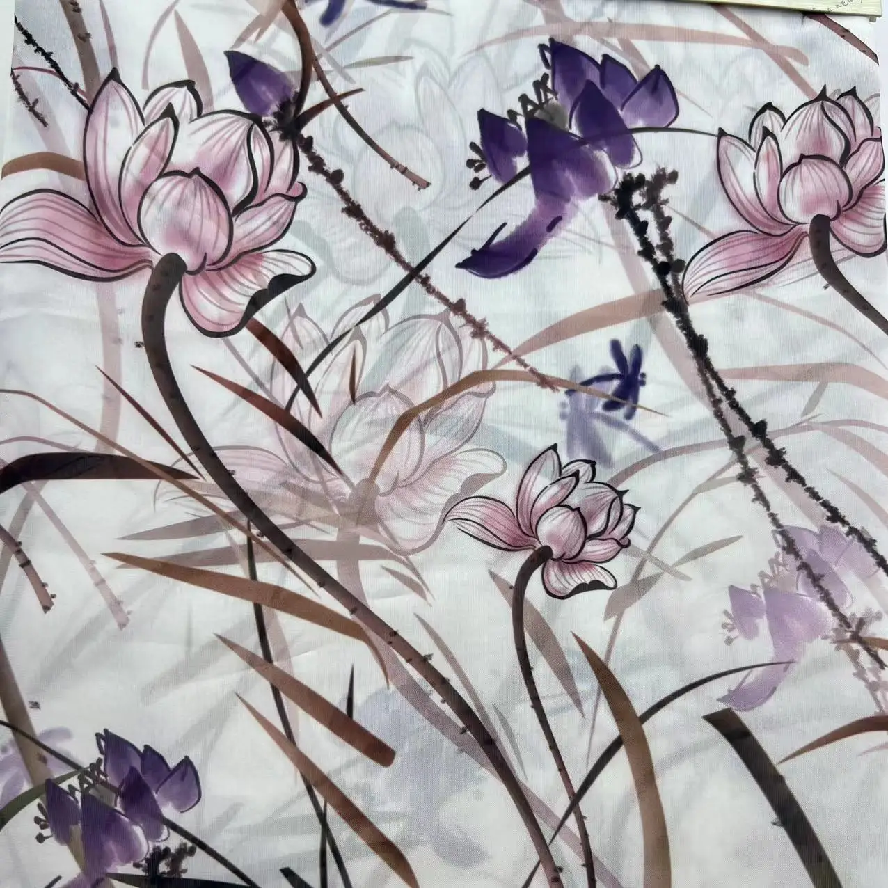 chinese style Pink lotus printed fabric custom print tulle fabric polyester silk-like chiffon satin fabric for dress India sari
