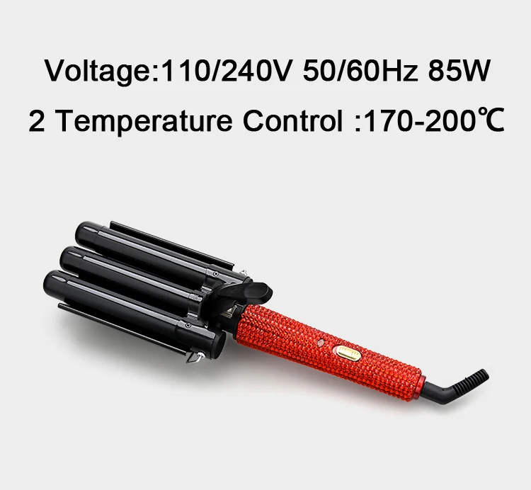 Red Diamond Color Electric Hair Curler Flat Iron Bling Bling Sparkly 3 Barrel Rhinestone Curling Iron