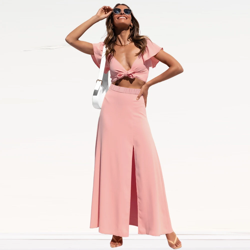 2022 spring and summer suits casual beach chiffon tops straight slit skirts fashionable new suits women dress