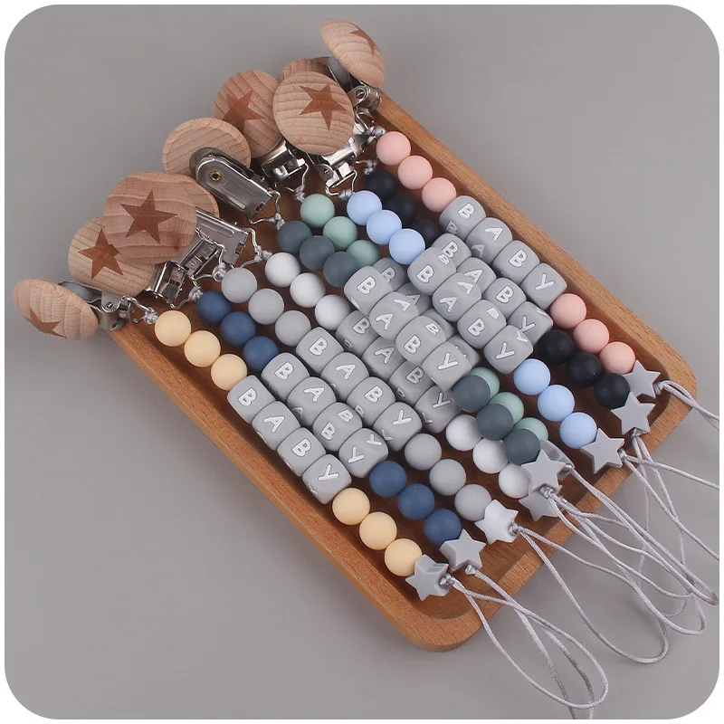 New Star Pacifier Clip Wood Pacifier Clip Baby Silicone Beads Teething Toy Cartoon Pacifier Chain For Baby
