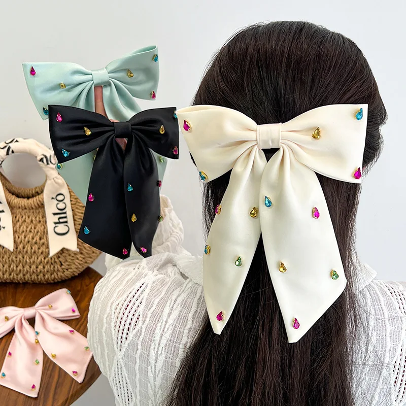 Colorful Water Drop Drill Bow Hair Clips Women Temperament Black and White Satin Hair Clips Barrette