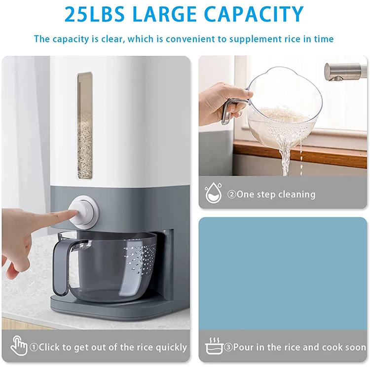 12 KG Automatic Plastic Cereal Rice Dispenser Storage Container Kitchen Organizer Box Food Tank with Measuring Cup