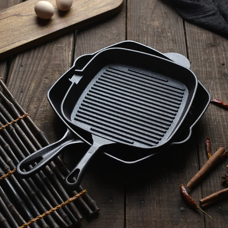 Cast Iron Non-stick Square Grill Pan with Helper Handle Stripe Thickened Steak Skillet for Camping Outdoor