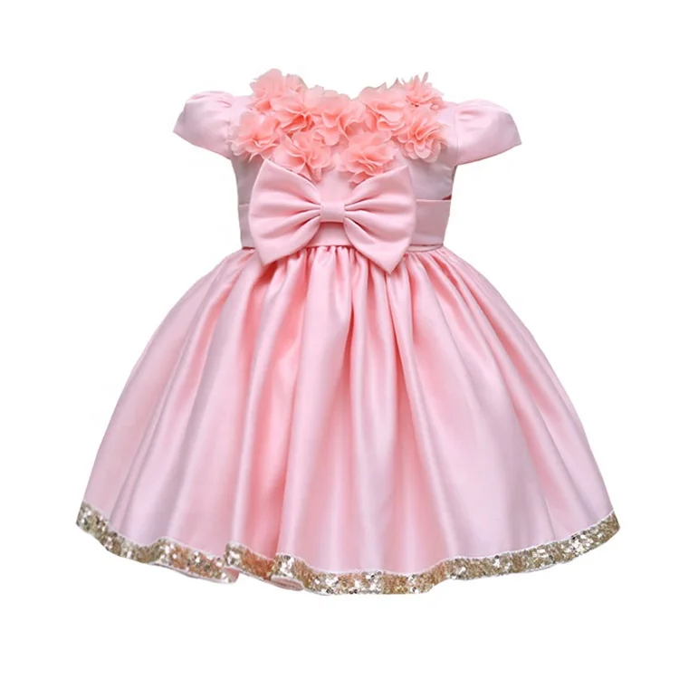 Weddings Party Princess Dresses Cute Pink Satin Lace Bow Baby Girl Spring Summer Baby Dress With Big Bows