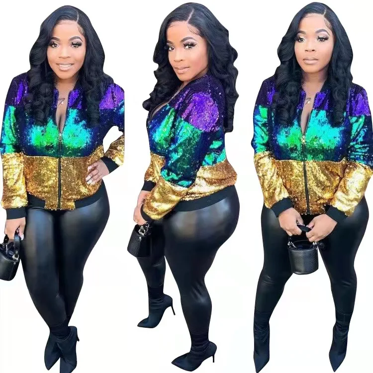 2021 New Arrival Women Sequin Zipper Jacket  Mardi Gras Clothes Long Sleeve Sequin Jacket Women