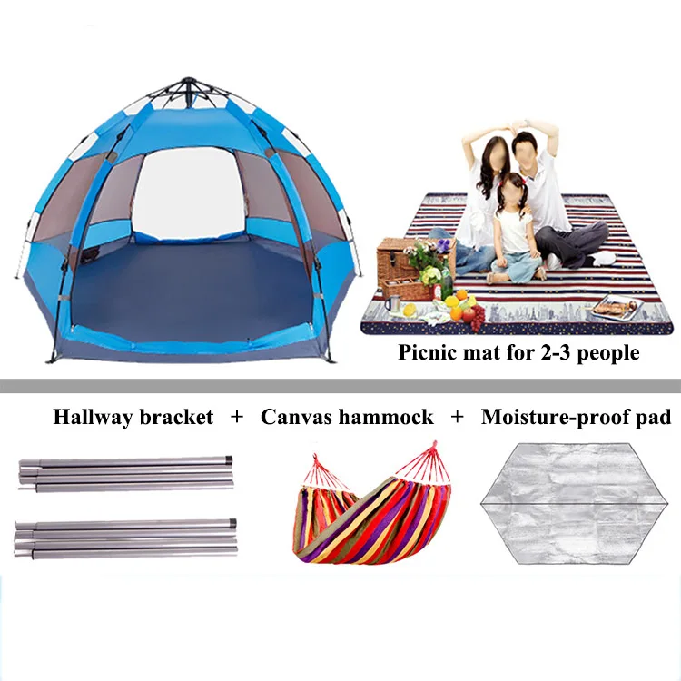 Two door 3-4 person automatic big family waterproof pop up outdoor camping hexagon tent with hammock mat moisture-proof pad