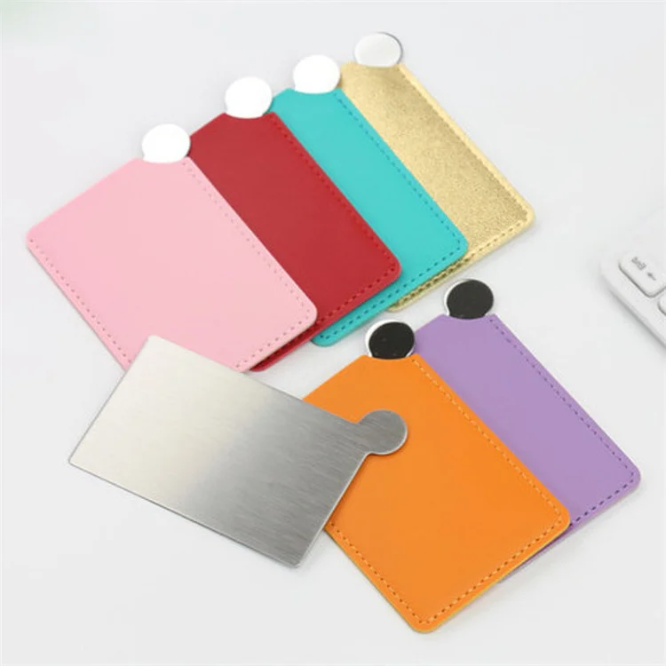 Handheld Cosmetic Stainless Steel PU Leather Pocket Size Mirror Name Card Mini Metal Resistant Mirror