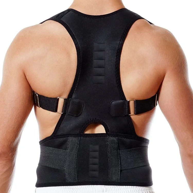 Black Neoprene Adjustable Magnetic Therapy Spine Shoulder Brace Back Support Belt Posture Corrector For Men And Women (1600334335509)