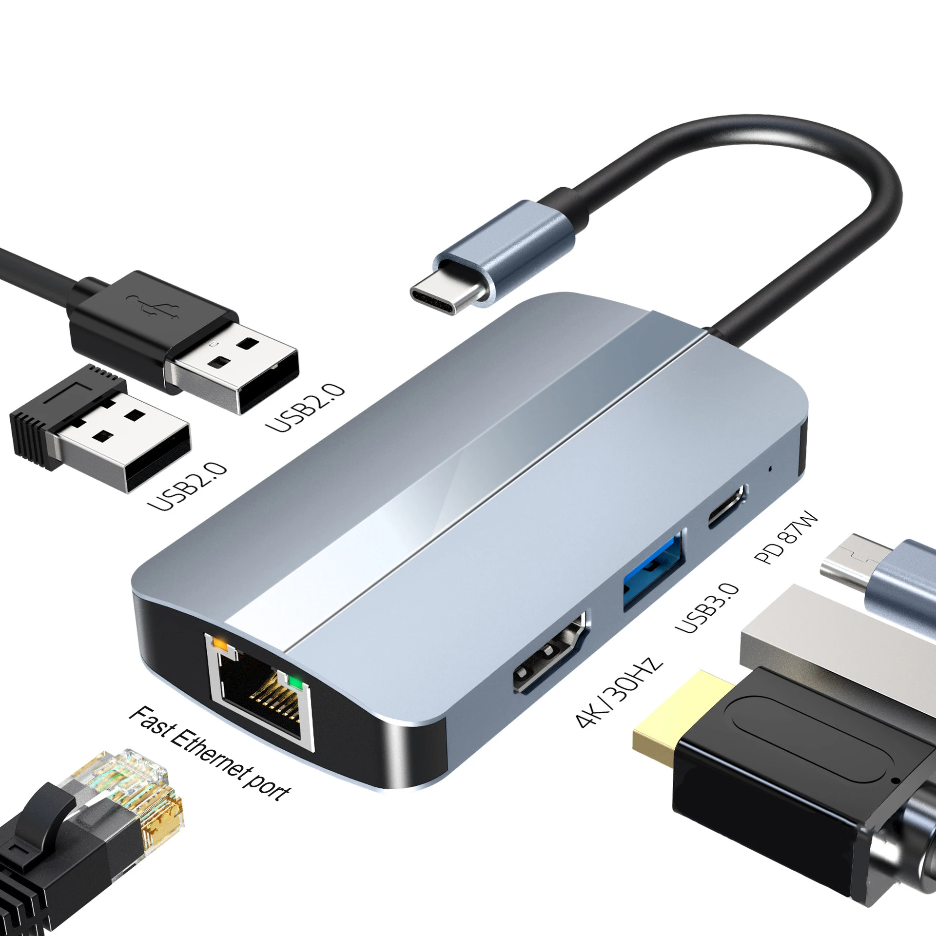 Док-станция сетевая 6 в 1 Usb Type-C 87 Вт 4K HD RJ45 100 2 0