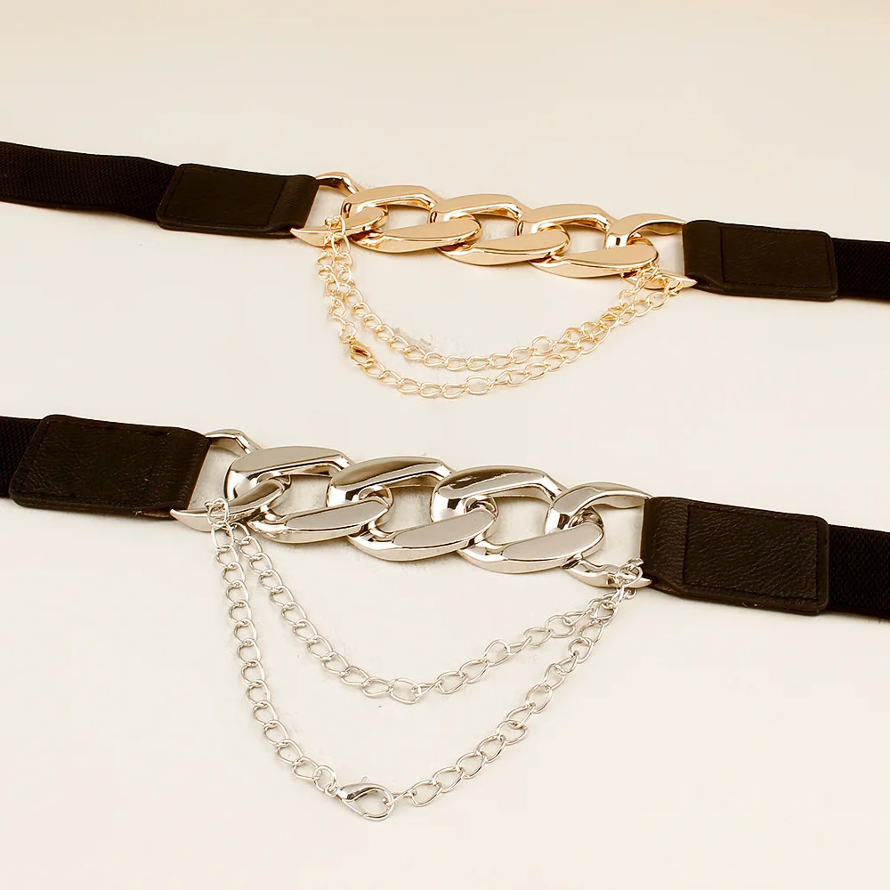 2022 2023 Sale Gold Chain Belts For Women Lady Hip Hop Multi Layer Elastic Cuban Link Chain Belt Pu Leather Waist Chain Belt