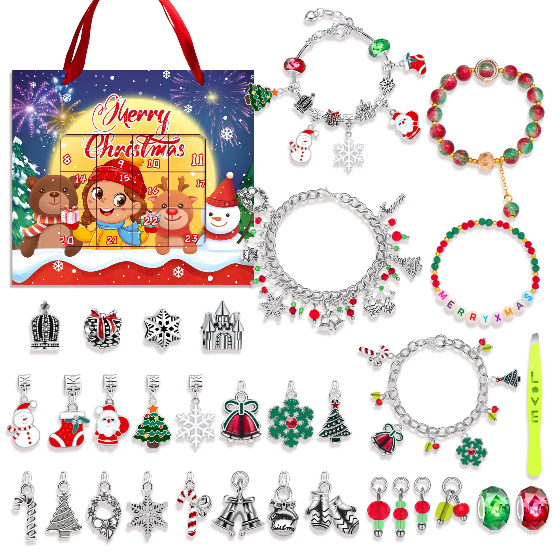 Hot sales Christmas Advent Calendar Bracelets Christmas Gift For Kid Girls Charms Bracelet Making Kit Charms Bracelet Making Kit