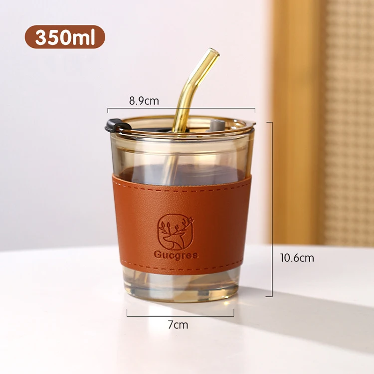 Hot selling Leather Protective Sleeve Glass Cup 450ml Glass Tumbler Sleeve Coffee Cup with Straw and Lid