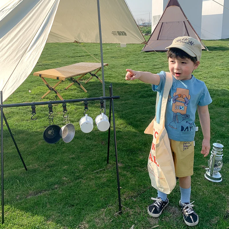 2023 New Summer Toddler Kid Boy Cotton Blue White Cute Print Short Shirt 1-6 Years