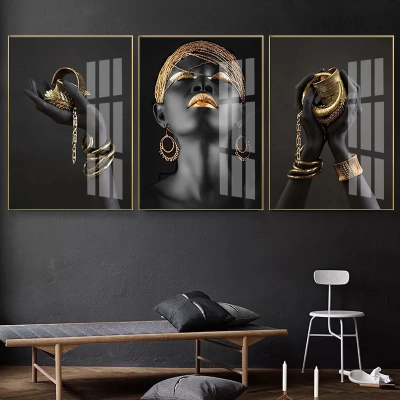 Black Gold African Modern Black Beauty Nordic Glass Luxury african Woman Crystal Porcelain wall painting