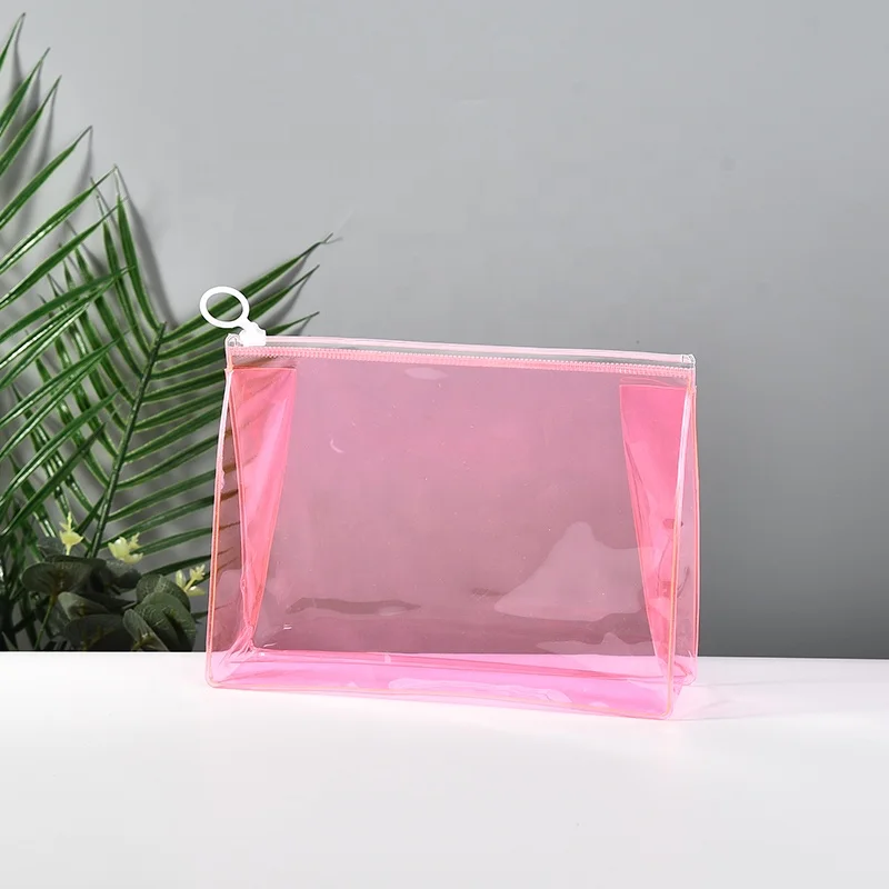 2023 New Custom Logo Printing Clear PVC Makeup Bag Pink Color PVC Zip Bag Cosmetic Bags Wholesale
