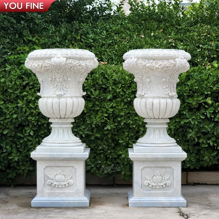 Exquisite Hand-Carved Garden Marble Flower Vase Statue Large Planter Pots Statue