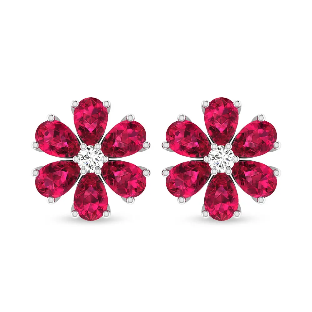 
 Pear Shaped Ruby Gemstone Flower Earrings, 14kt  Gold Women Stud Earrings, Unique Diamond  Floral Wedding  Earring  