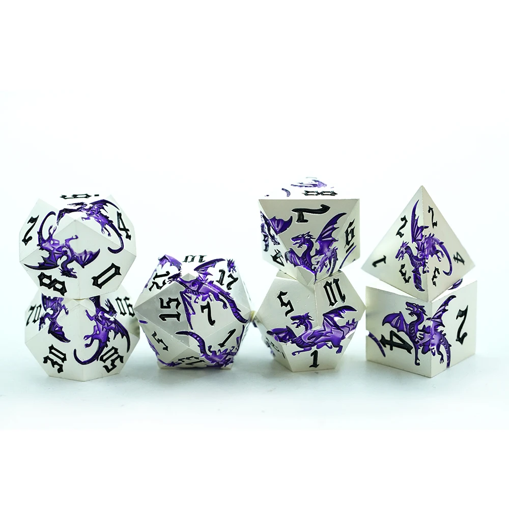 D&d Metal Dice 7 Pcs Dragon Metallic Dnd Dice Set Rpg Gaming Dice For Tabletop Game White With Purple dragon