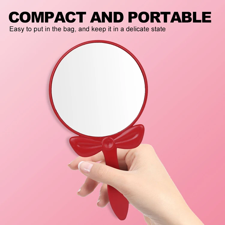 custom design women portable compact circle handheld glass mirror handle makeup mirror with red frame for bedroom