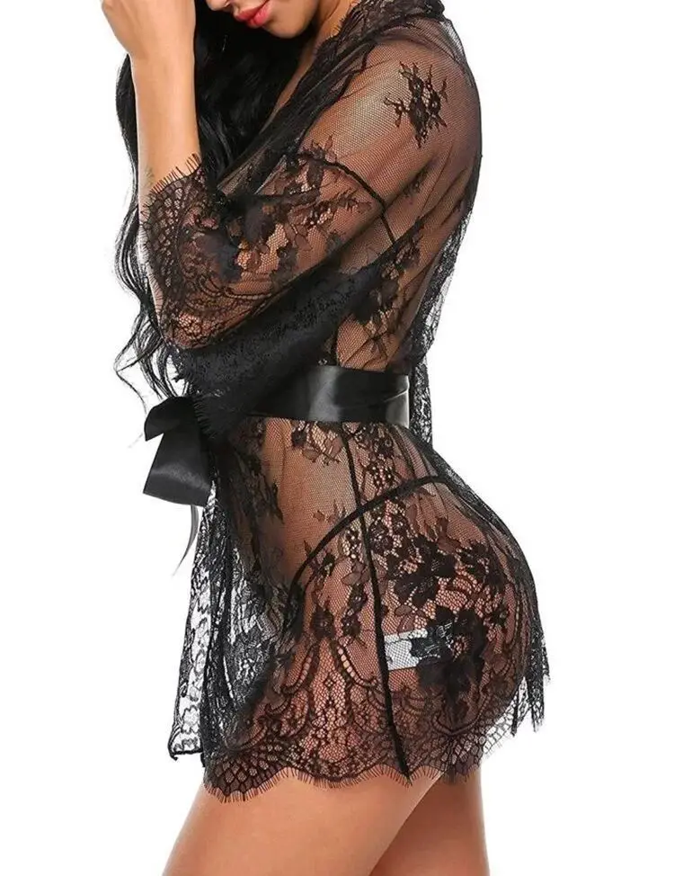 Women Sexy Lace Kimono Naughty Underwear Sleepwear Transparent Mesh Lace Dress Robe with Belt and G-String