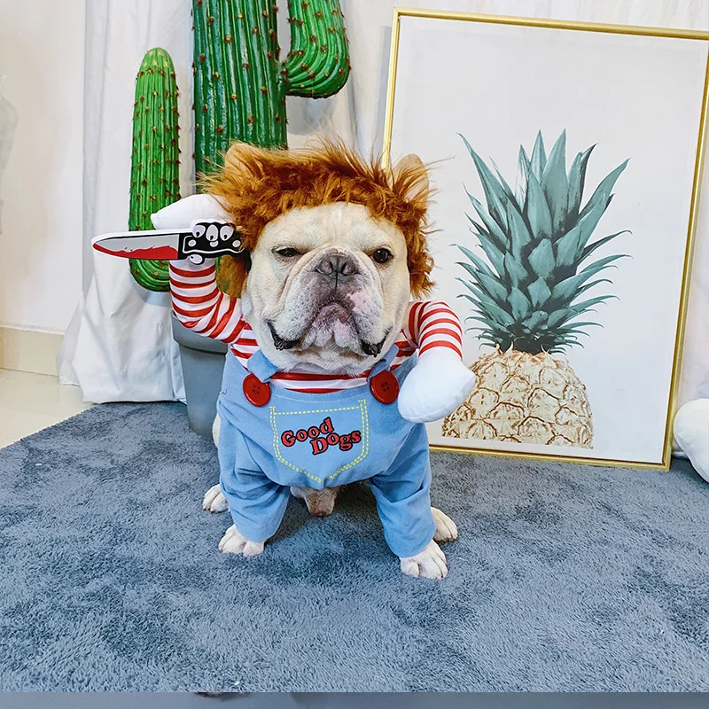 Dog Costume Amazon Hot Selling Funny Pet Chucky Dog Clothes Chuckyy Doll Holding a Knife Halloween Pet Dog Costume/