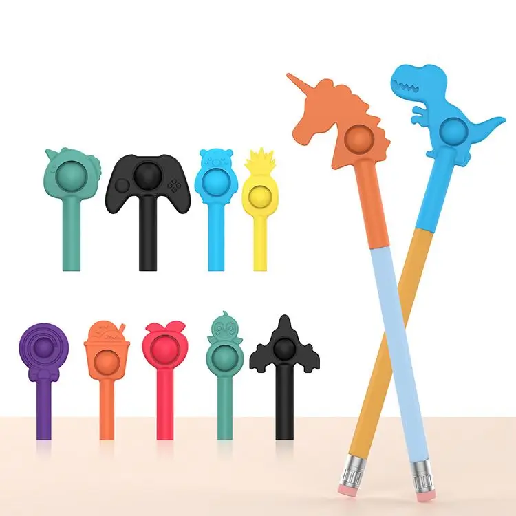 Wholesale amazon hot silicone bubble decompression relieve stress finger pen squishy puzzle fidget pen cap  pencil topper