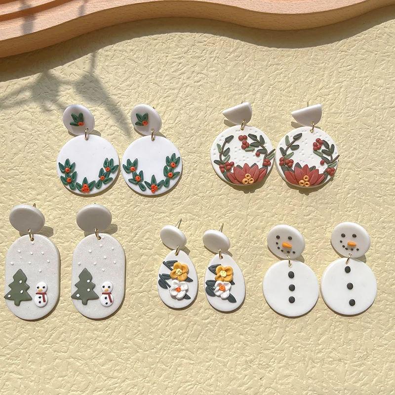 Wholesale Polymeric Clay Designer Inspired Earrings Stud With Loop Handmade Earrings Snowman Fashion Huggies Earring For Women