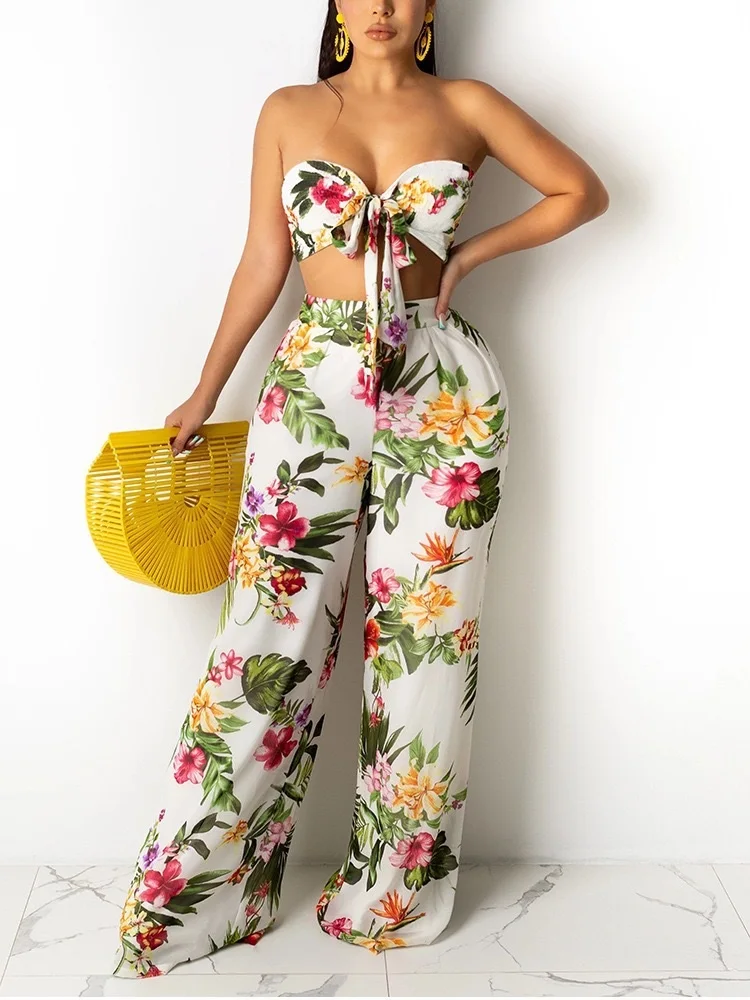 Summer Beach printed Lace-up Tube Top and Trousers Loose Pants Women Two-piece Suit