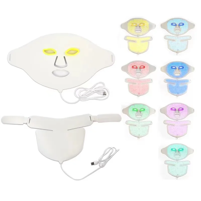 Silicon Korean Photon 7 Color Neck Face Masks Anti-Aging Microelectronics Led Facial Mask Light Therapy
