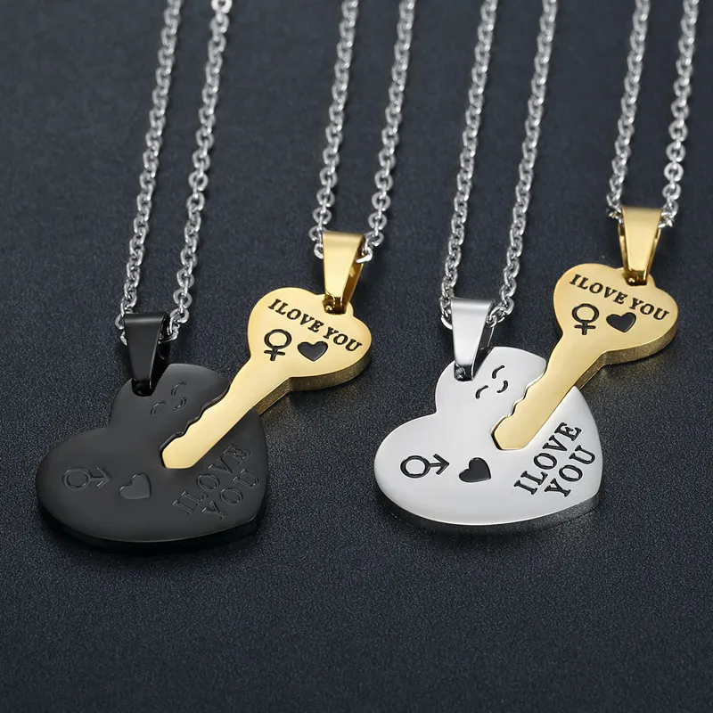 Stainless Steel Heart Key Pendant Necklace Silver 18K Gold Black Plated Girlfriend Boyfriend I Love You Chain Couple Necklaces