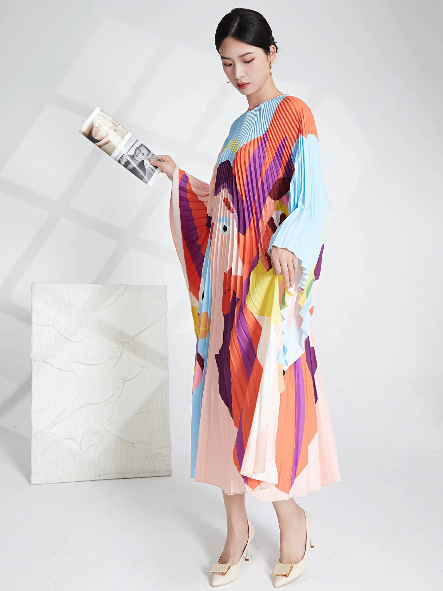 Женское свободное плиссированное платье с длинным рукавом, широкое Модное Длинное платье большого размера с принтом, 2023