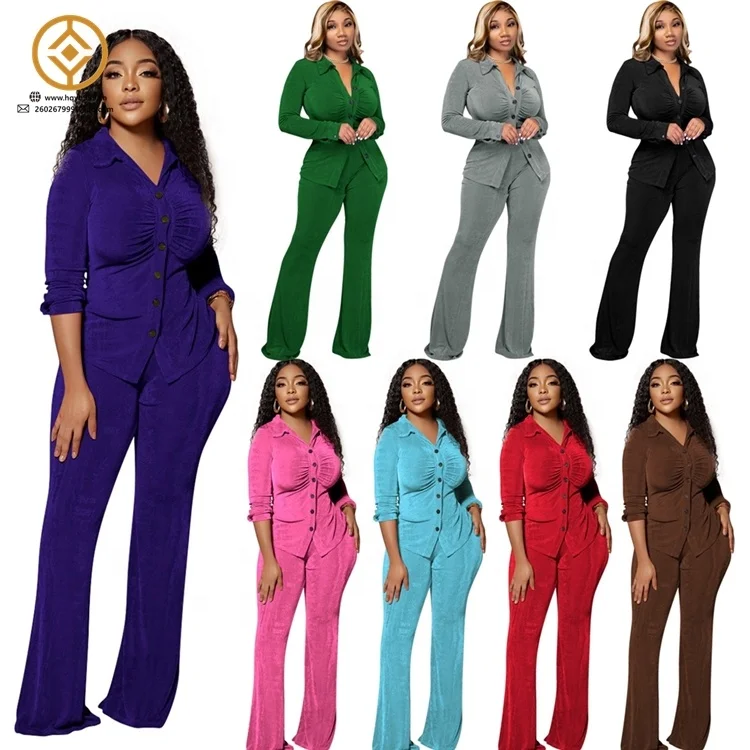 In Stock new arrivals silky velour sets sexy shirt top flared pants woman fall outfit slim fit two piece lounge wear sets
