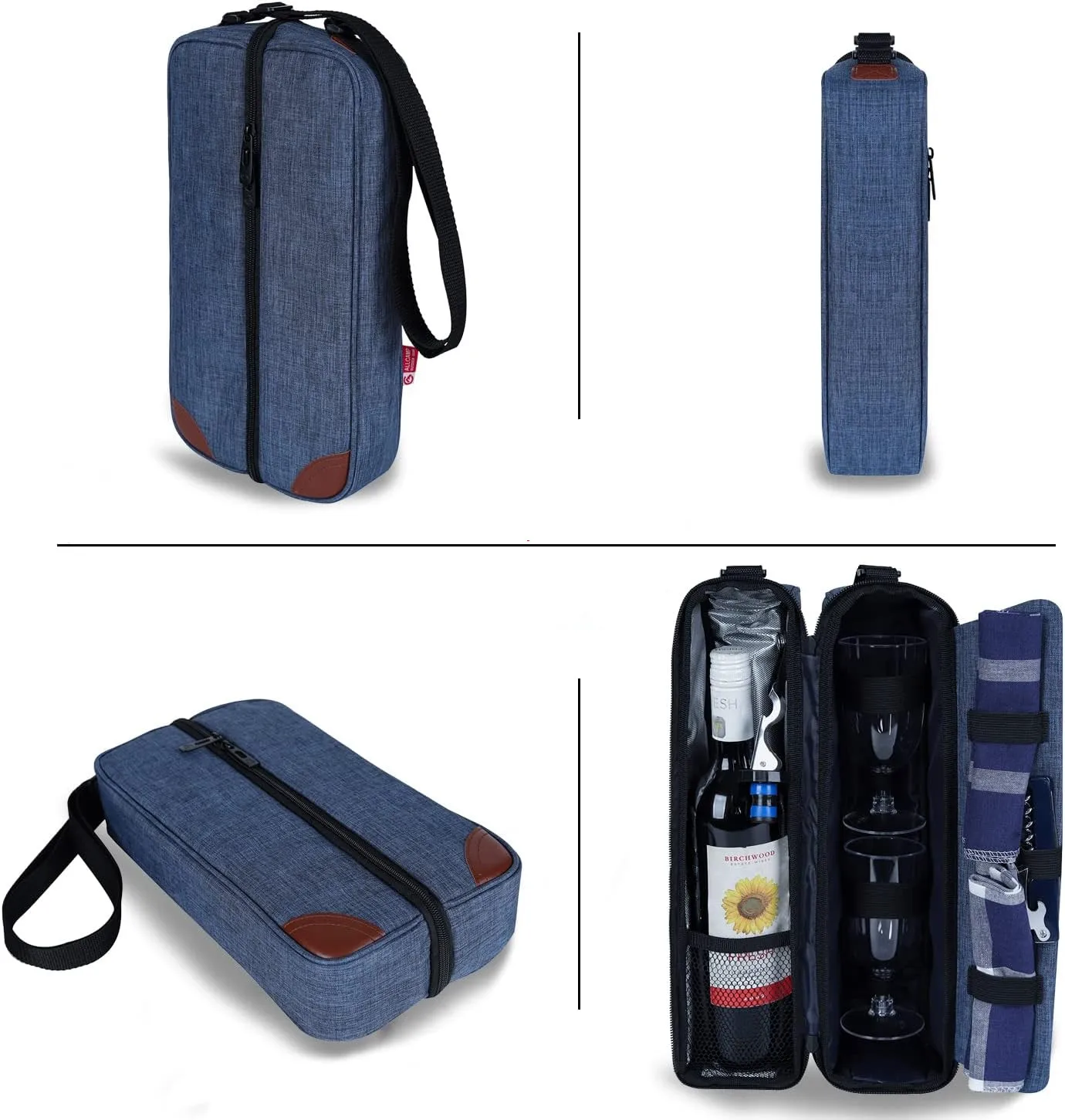 Wine Tote Bag with Cooler Compartment Picnic Wine And Two Glasses Holder Carrier Bags For Wine Lovers Gift