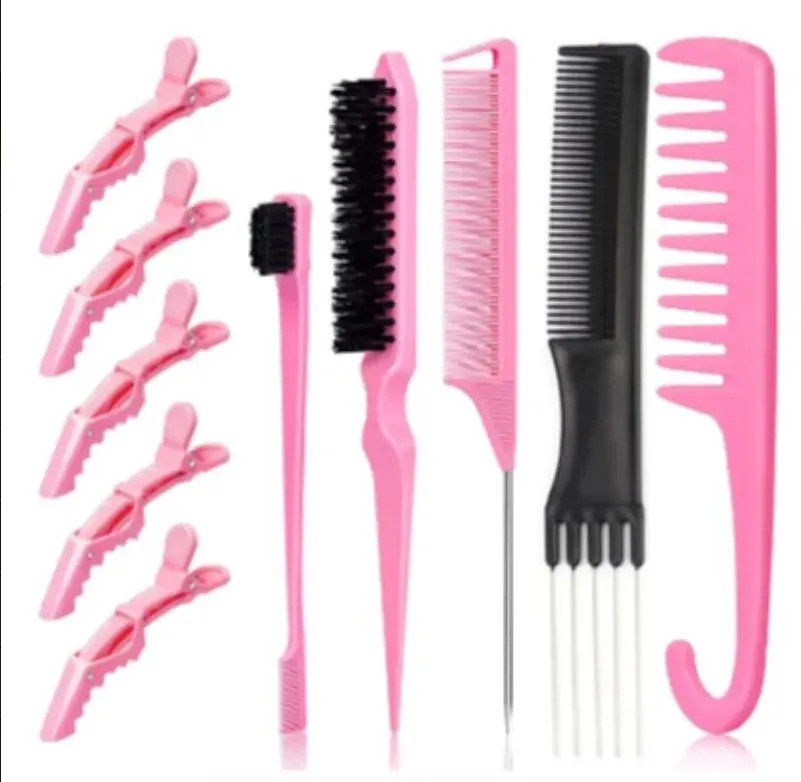 10 Pcs Hair Styling Comb Hair Brush Set - Bristle Slick Back Hair Brush Teasing Comb Rat Tail Comb with Gator Clips,Edge Brush