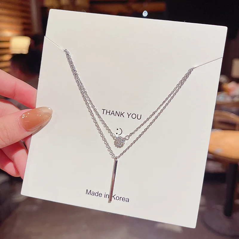 Classic Double Layer Stainless Steel Diamond Necklace Wholesale Women Crystal Tassel Pendant Necklaces