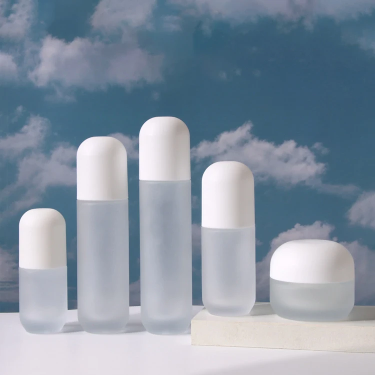 Cylinder Shape Skincare Cosmetic Bottle 30ml 40ml 60ml 100ml 120ml Frosted Glass Lotion Pump Bottle 50g Face Glass Jar