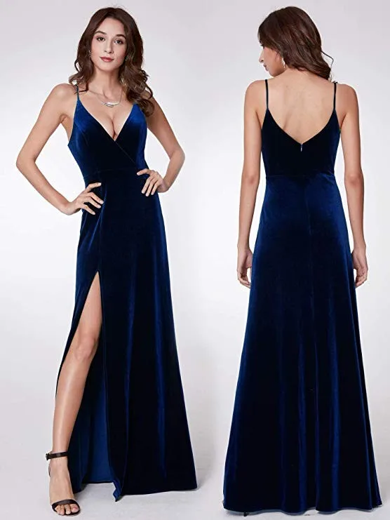 
Sexy Women Lady Elegant Blue Suspender Long Gown Maxi Velvet Evening Dresses 