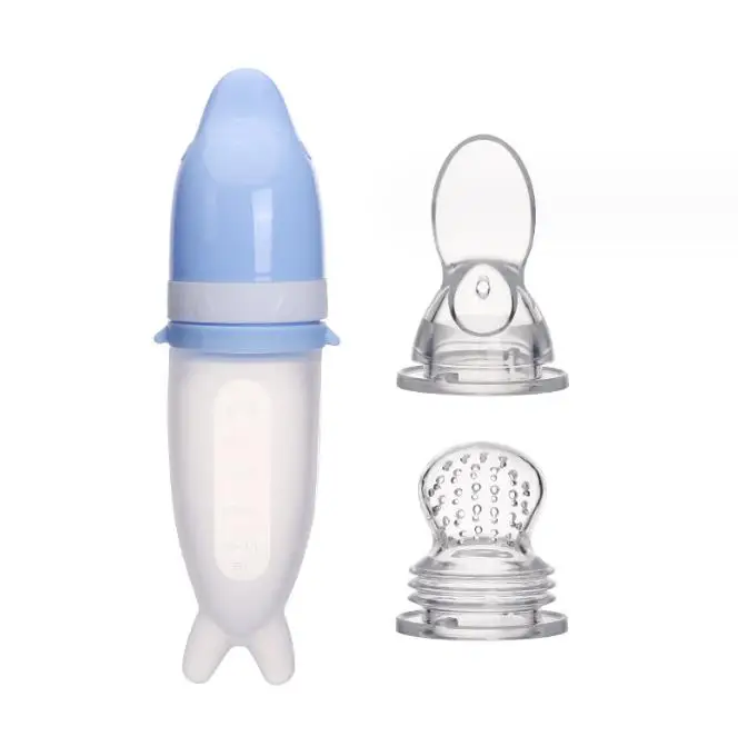 Newborn Baby  2 In 1 Soft  Feeder Nibbler Bottle Spoon Silicone Squeeze Baby Food Feeding Bottle Set With Spoon
