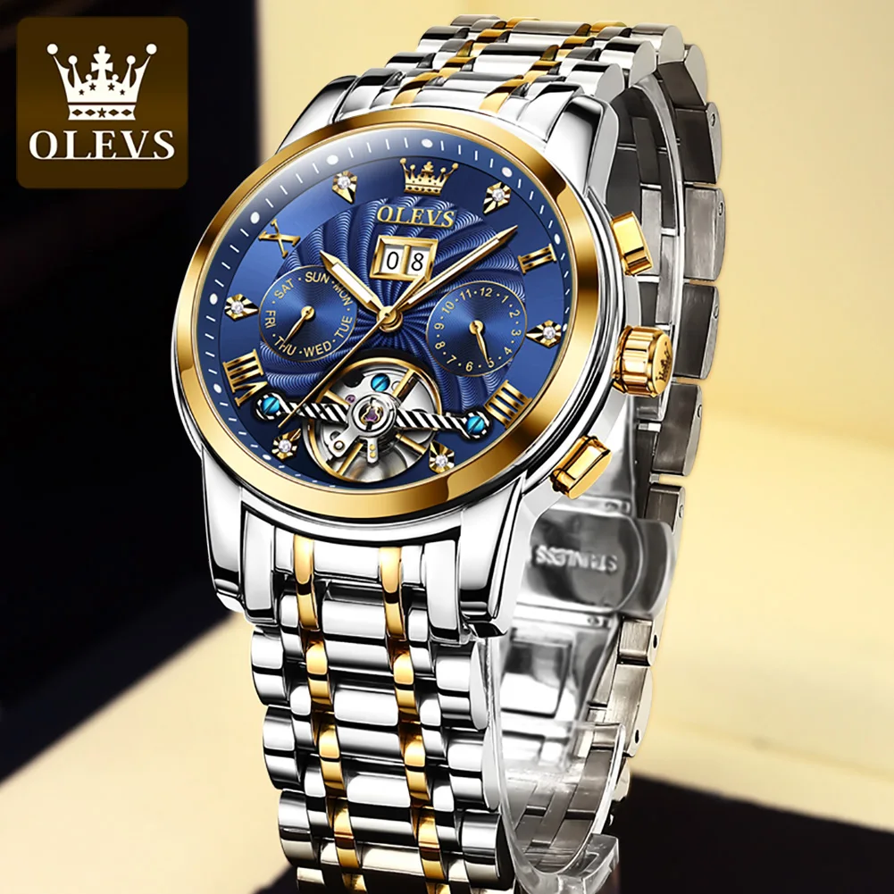 Olevs 9910 Sports Tourbillon luxury Waterproof Metal Classic Stainless Steel Luminous Men Wrist Watch Automatic Watches Mens