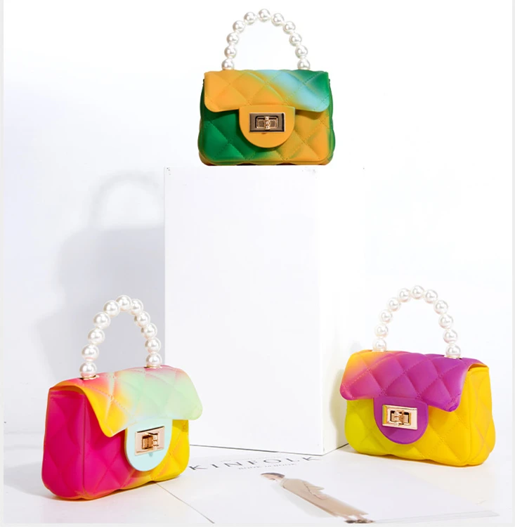 High Quality mini jelly kids beach handbag rainbow color purse crossbody jelly purse for girls