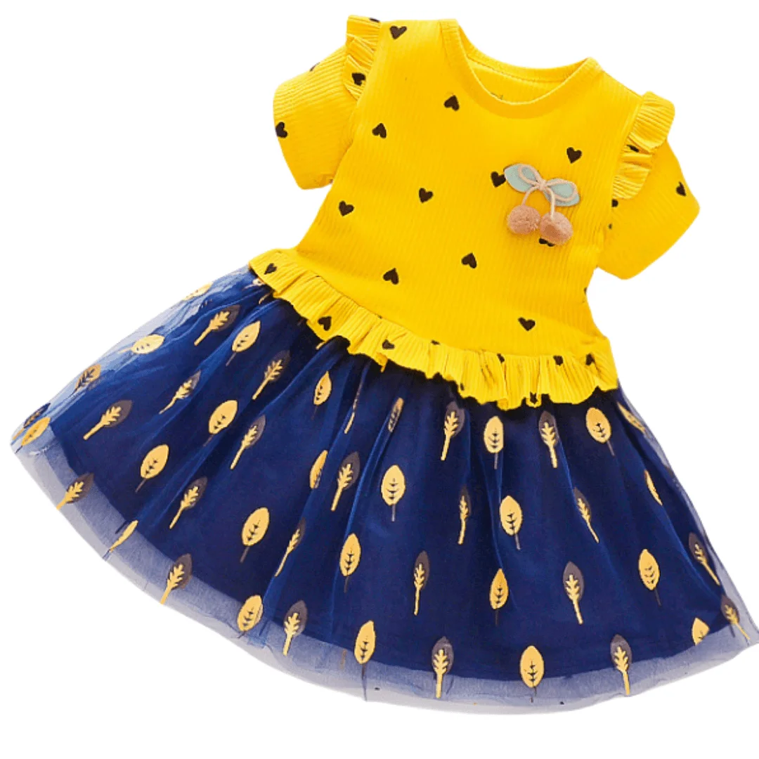 Girls Short Sleeve Dress Gold Leaves Elegant Toddler And Baby Girls Party Dress Children Birthday  Party Dress For 1-6 Years Old