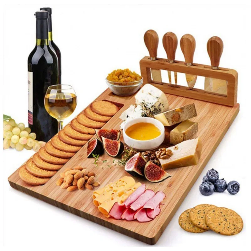 Multifunction 3-in-1 Wooden Bamboo Cheese Board Set Knife and Cutting Tray for Chopping