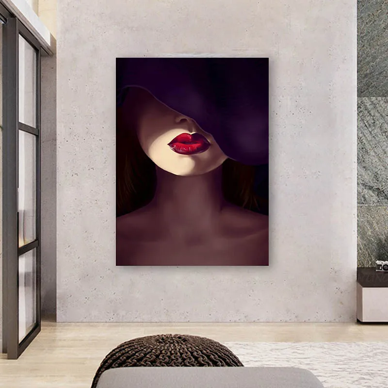 Factory wholesale sexy lady wearing hat wooden frame decorative canvas paintings wall art