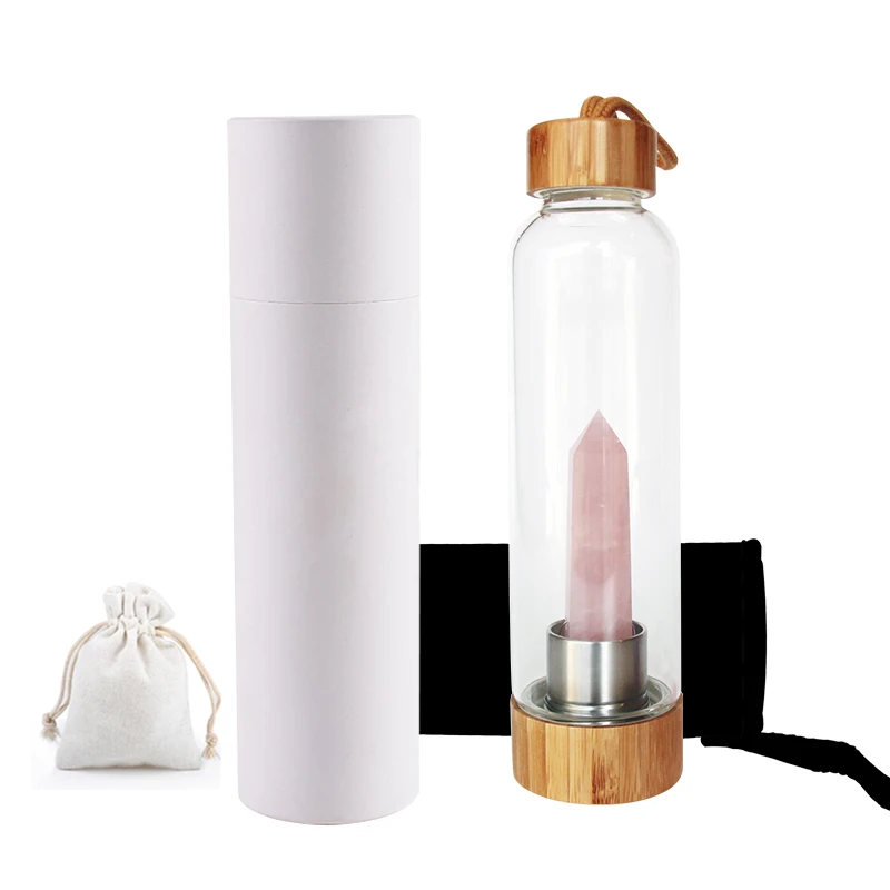 Custom Logo Rose Quartz Borosilicate Glass Gemstone Crystal Water Bottle